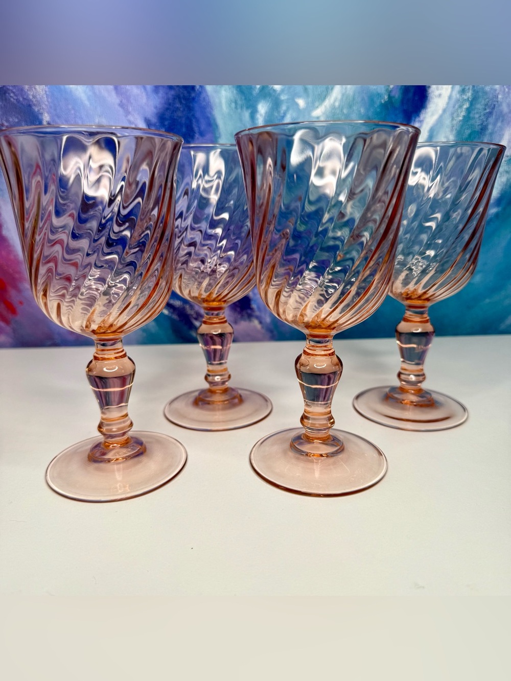 Set of 4 Arcoroc France Rosaline Pink Swirl Wine Water Goblets Stemmed Luminarc